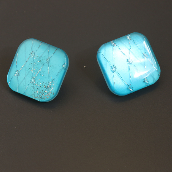 Vintage Jewelry - Earrings Blue Square Silver Glitter Teal